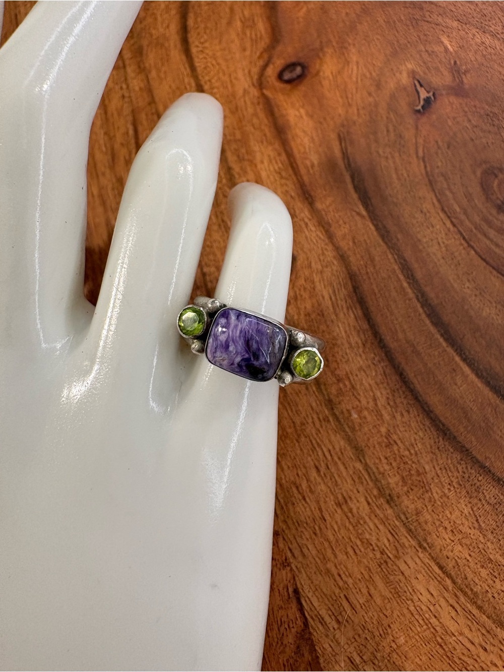 Bohemian Inspired Sterling Silver Ring with Purple and Green Stones - Size 7.5